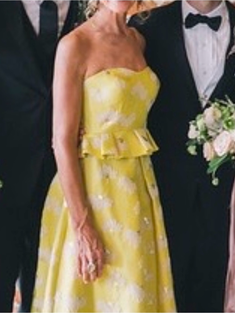 Monique Lhuillier Strapless Yellow Floral Peplum Gown